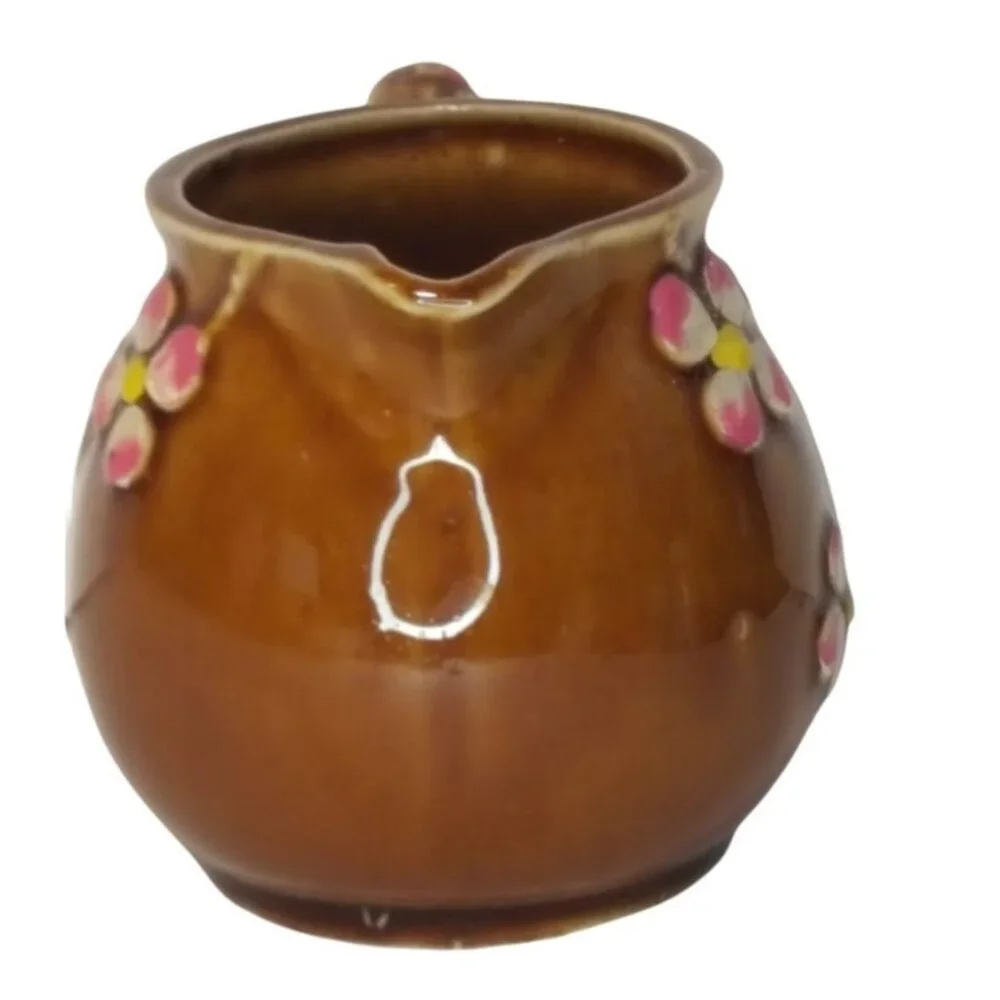 Vintage Japanese Creamer Brown Pink Cherry Blossums Made‎ in Japan Mid Century